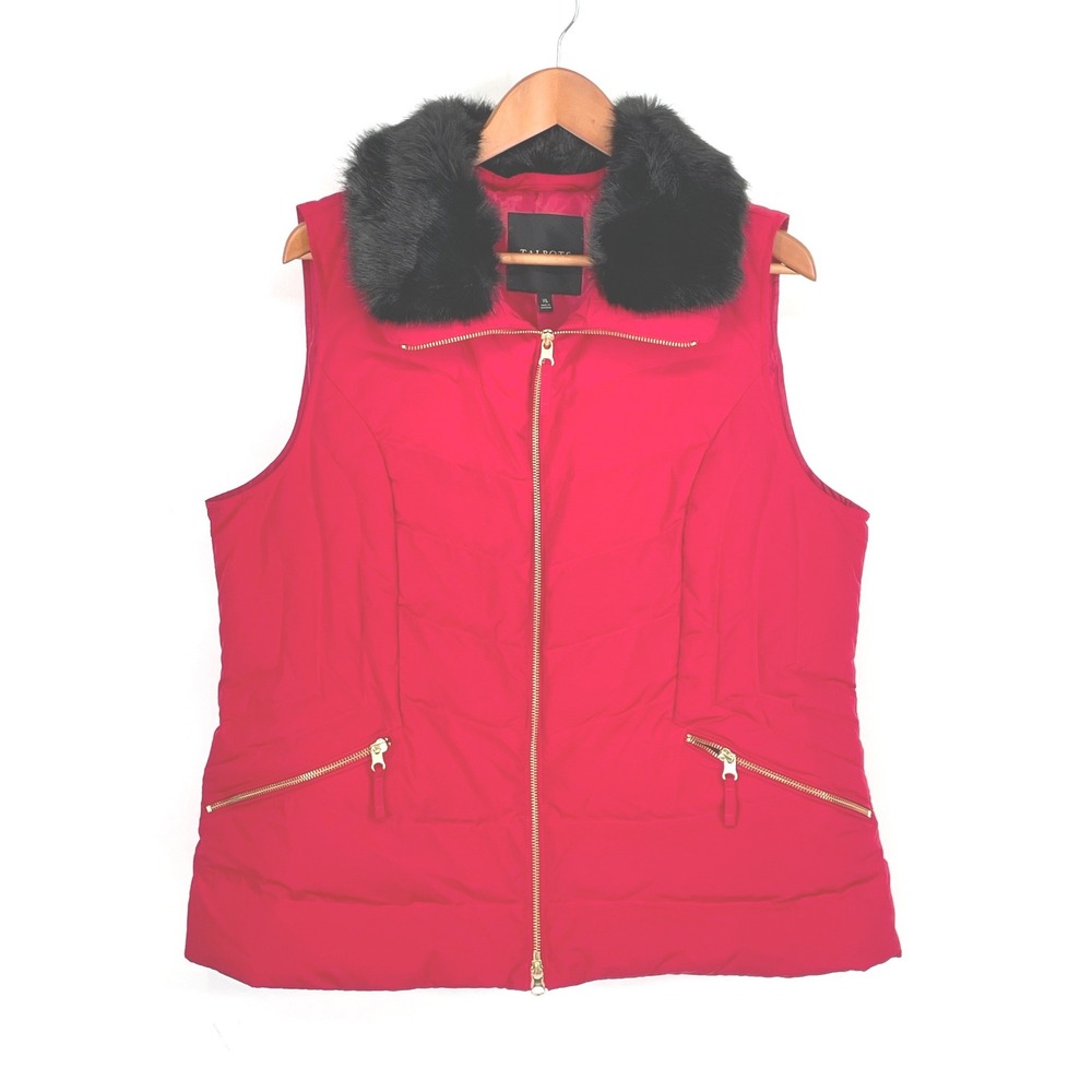 Talbots Womens Vest XL Red Down Filled Puffer Faux Fur Collar Quilted Gold Zip